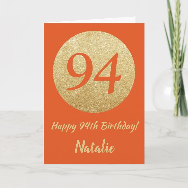 Happy 94th Birthday Orange and Gold Glitter Card (Front)