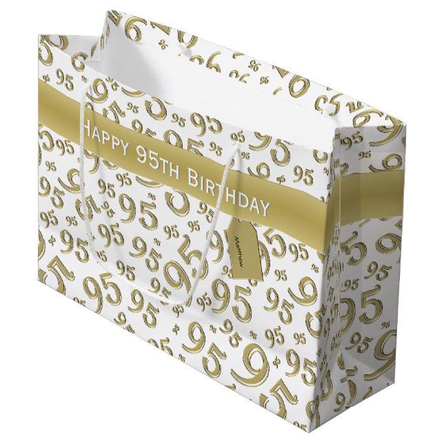 Happy 95th Birthday Number Pattern Gold Large Gift Bag (Front Angled)