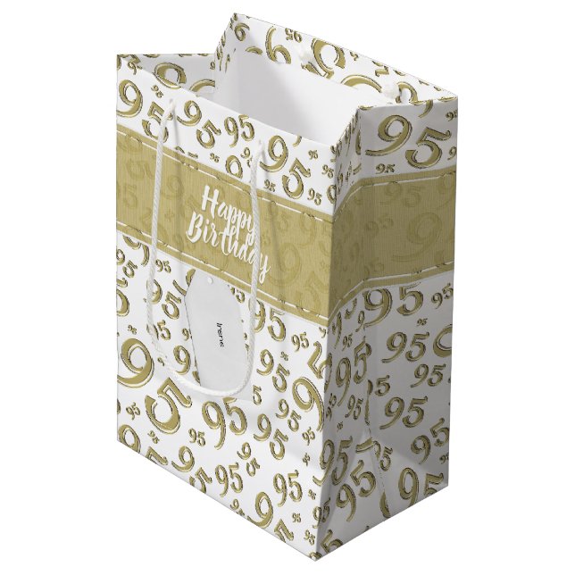 Happy 95th Birthday Number Pattern Gold Medium Gift Bag (Front Angled)