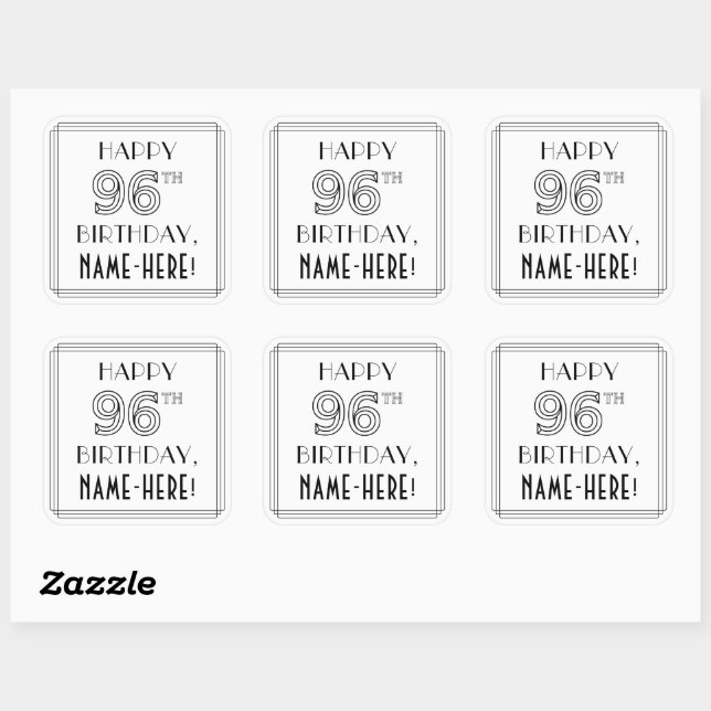 HAPPY 96TH BIRTHDAY, Art Deco Style, Custom Name Square Sticker (Sheet)