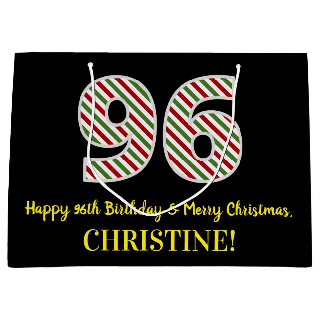 Happy 96th Birthday & Merry Christmas, Custom Name Large Gift Bag (Front)