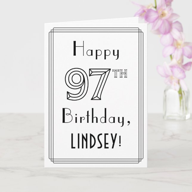 Happy 97th Birthday, Art Deco Style w/ Custom Name Card (Orchid)