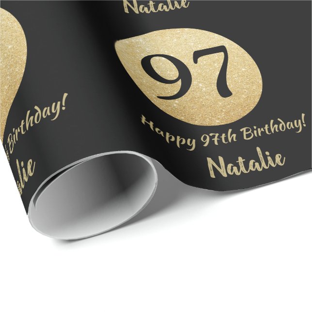 Happy 97th Birthday Black and Gold Glitter Wrapping Paper (Roll Corner)