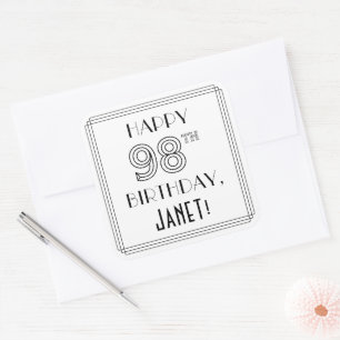 HAPPY 98TH BIRTHDAY, Art Deco Style, Custom Name Square Sticker