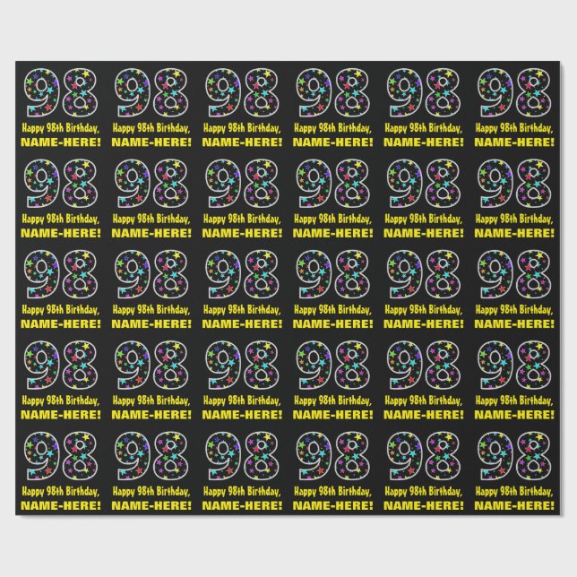 Happy 98th Birthday, Fun Colourful Stars Pattern 9 Wrapping Paper (Flat)
