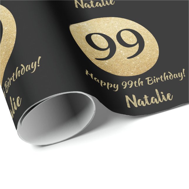Happy 99th Birthday Black and Gold Glitter Wrapping Paper (Roll Corner)