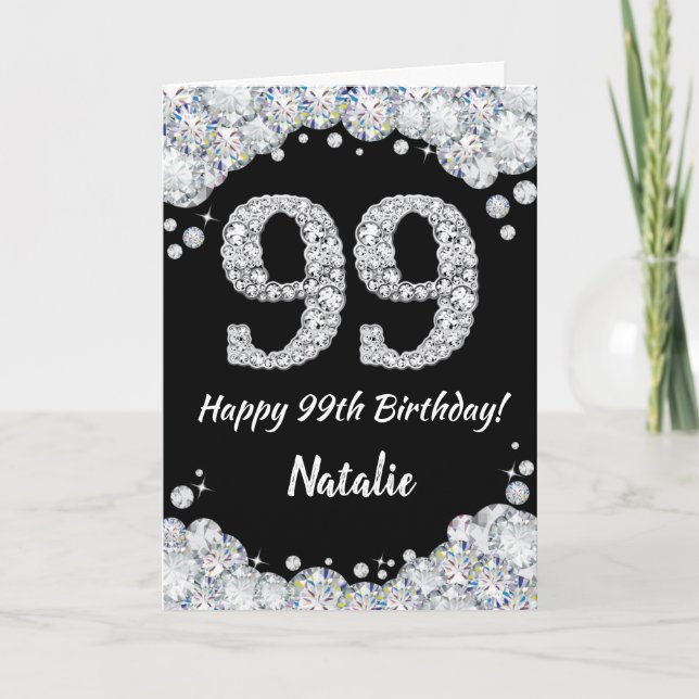 Happy 99th Birthday Black and Silver Glitter Card (Front)