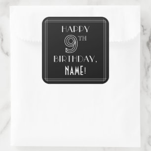 HAPPY 9TH BIRTHDAY; Art Deco Style; Custom Name Square Sticker