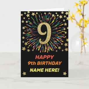Happy 9th Birthday Black & Gold Rainbow Firework Card