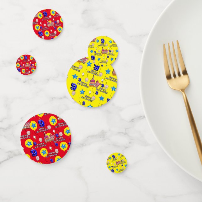 Happy 9th Birthday Confetti, #9 Yellow & Red Confetti (Group)