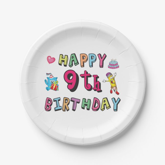Happy 9th Birthday for 9 year old Kids B-day Paper Plate (Front)