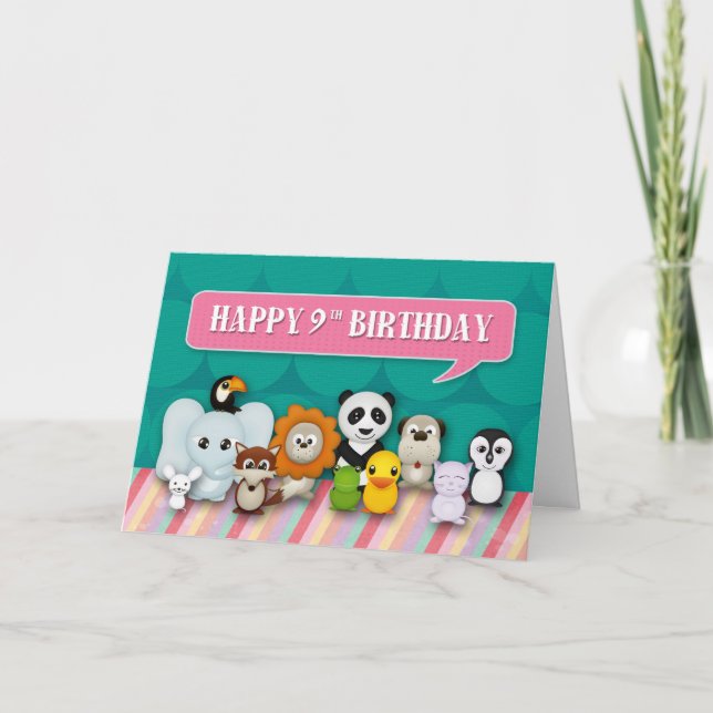 Happy 9th Birthday Girly Cute Smiling Animals Card (Front)