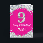 Happy 9th Birthday Hot Pink and Silver Glitter Card<br><div class="desc">Happy 9th Birthday Hot Pink and Silver Glitter Card with personalised name. For further customisation,  please click the "Customise it" button and use our design tool to modify this template.</div>
