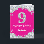 Happy 9th Birthday Hot Pink and Silver Glitter Card<br><div class="desc">Happy 9th Birthday Hot Pink and Silver Glitter Card with personalised name. For further customisation,  please click the "Customise it" button and use our design tool to modify this template.</div>