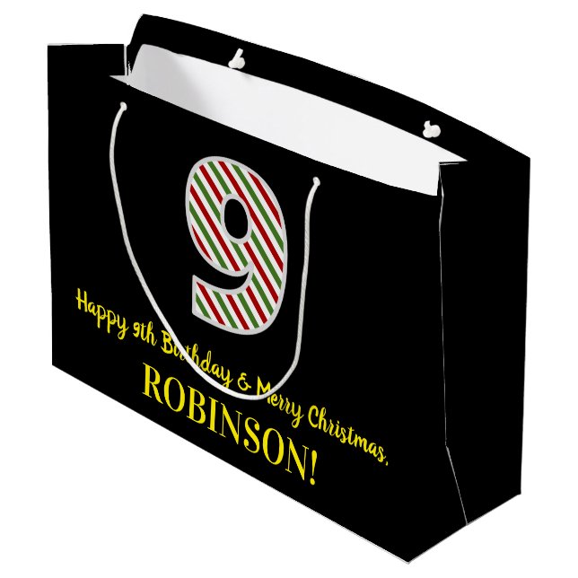 Happy 9th Birthday & Merry Christmas, Custom Name Large Gift Bag (Back Angled)