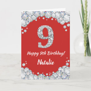 Happy 9th Birthday Red and Silver Glitter Card
