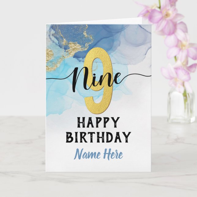 Happy 9th Birthday Watercolor Blue & gold Boy Card (Orchid)