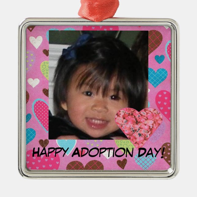 Happy Adoption Day Pink Hearts Photo Ornament (Front)