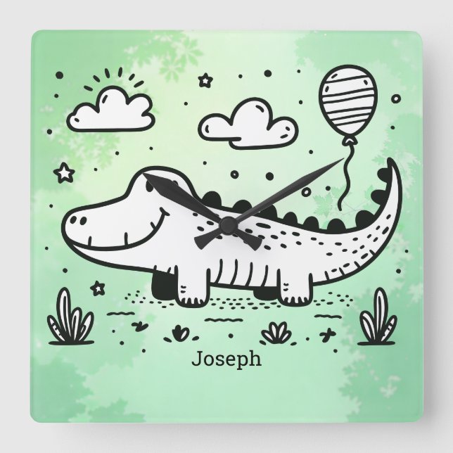 Happy Alligator with Balloon - Cute Nursery Art Square Wall Clock (Front)