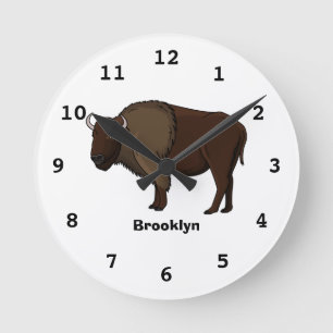 Happy American bison buffalo illustration Round Clock