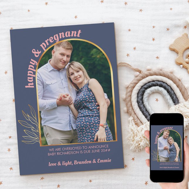 Happy and Pregnant Gold Arch Photo Pregnancy Announcement (Creator Uploaded)