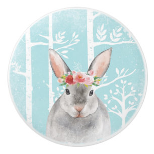 Happy Animal with Flowers in Blue Forest-Bunny Ceramic Knob