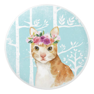 Happy Animal with Flowers in Blue Forest-Cat Kitty Ceramic Knob