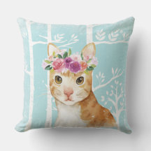 Happy Animal with Flowers in Blue Forest-Cat Kitty