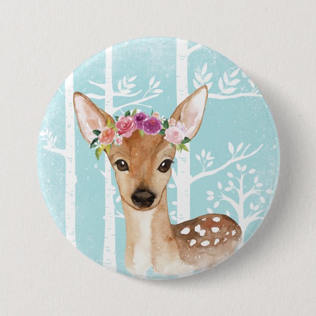 Happy Animal with Flowers in Blue Forest-Deer 7.5 Cm Round Badge (Front)