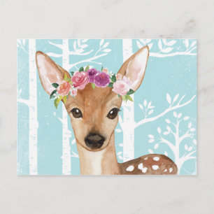 Happy Animal with Flowers in Blue Forest-Deer Postcard