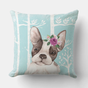 Happy Animal with Flowers in Blue Forest-Dog-Pug Cushion