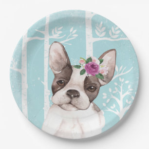Happy Animal with Flowers in Blue Forest-Dog-Pug Paper Plate