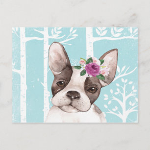 Happy Animal with Flowers in Blue Forest-Dog-Pug Postcard