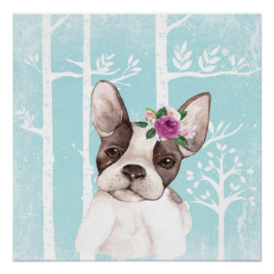 Happy Animal with Flowers in Blue Forest-Dog-Pug Poster