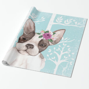 Happy Animal with Flowers in Blue Forest-Dog-Pug Wrapping Paper