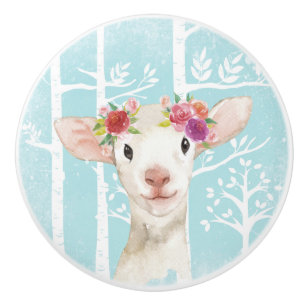 Happy Animal with Flowers in Blue Forest-Sheep Ceramic Knob