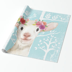Happy Animal with Flowers in Blue Forest-Sheep Wrapping Paper