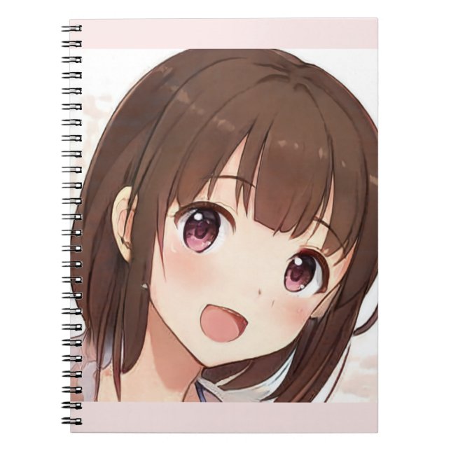 Happy anime girl cute manga brown hair amber eyes  notebook (Front)