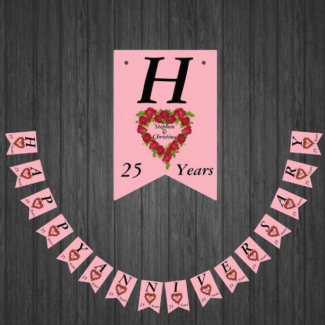 Happy Anniversary 25 Years Red Rose Heart Wreath Bunting (Heart shaped wreath of red roses on pink on Happy Anniversary bunting flag decoration.)