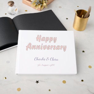 Happy anniversary add name pink grey pastel bold Guest Book