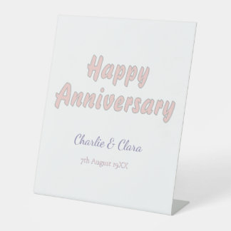  Happy anniversary add name pink grey pastel bold  Pedestal Sign