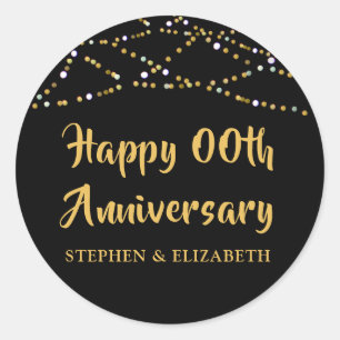 HAPPY ANNIVERSARY Any Year Black Gold Lights Name Classic Round Sticker