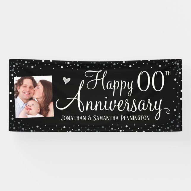 Happy Anniversary Any Year Photo Silver Confetti Banner (Horizontal)