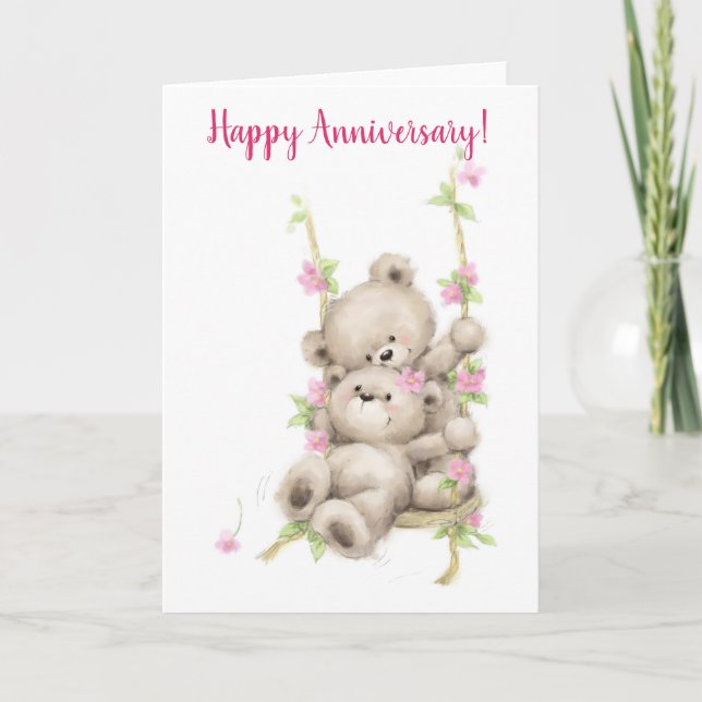 Happy Anniversary, bear couple on swing Card (Front)