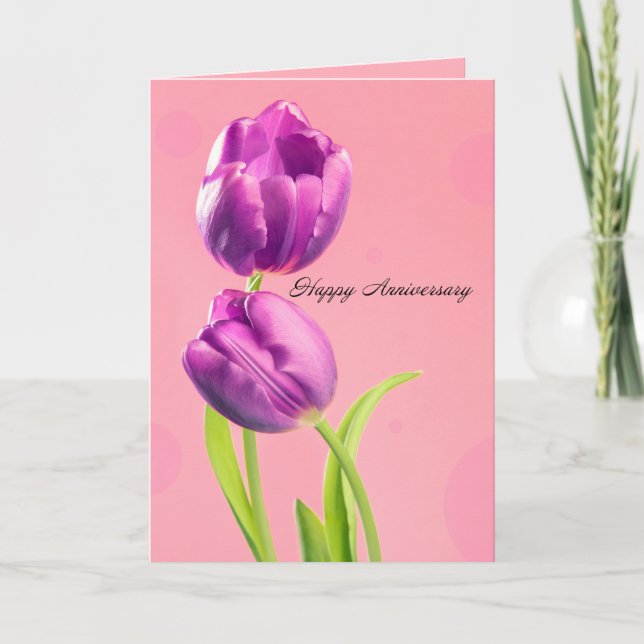 Happy Anniversary Beautiful Purple Tulips on Pink  Holiday Card (Front)