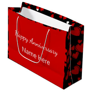 Happy Anniversary Black and Red Hearts with Name Large Gift Bag