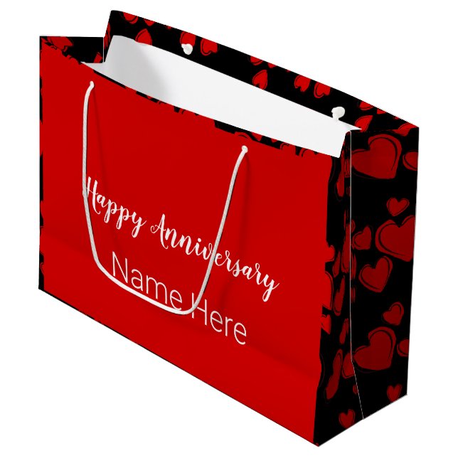 Happy Anniversary Black and Red with Hearts Large Gift Bag (Front Angled)
