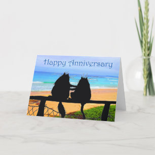 Happy Anniversary, cats silhouette, beach. Card