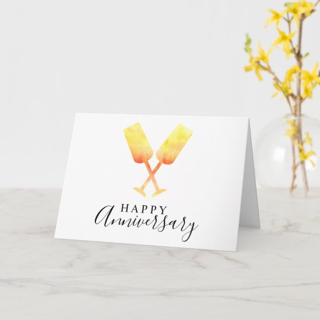 Happy Anniversary Champagne Glass Script Elegant Card (Yellow Flower)