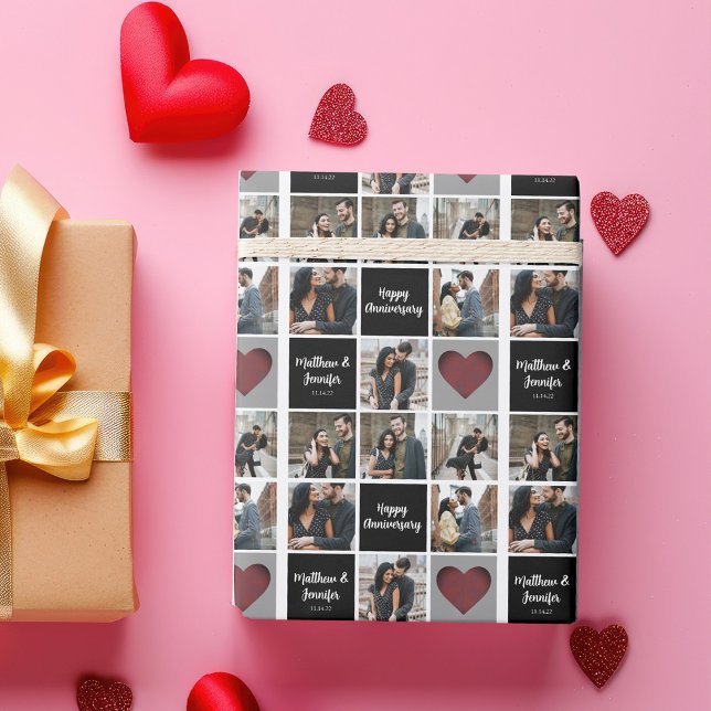 Happy Anniversary Chic Custom Couple Photo Collage Wrapping Paper (Creator Uploaded)